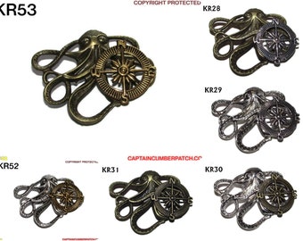 Steampunk pin badge broche zilver/brons octopus/kraken met kompas #KR28-31