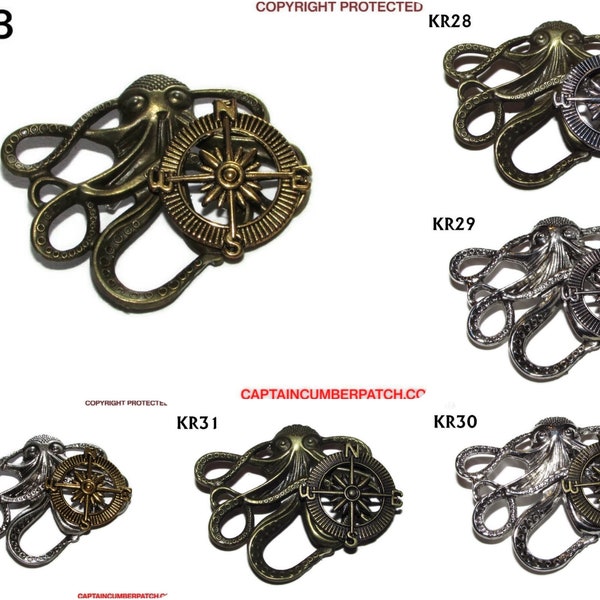 Steampunk pin badge brooch silver / bronze  octopus / kraken with compass #KR28-31