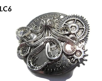 Broche con pin Steampunk y esfera de reloj plateada con pulpo/kraken plateado #LC6