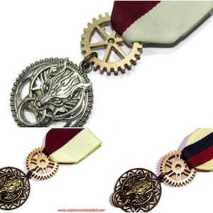Steampunk pin drape medal badge brooch silver & bronze wolf on striped ribbon dark red, ivory, dark navy #MAL45, 46, 55
