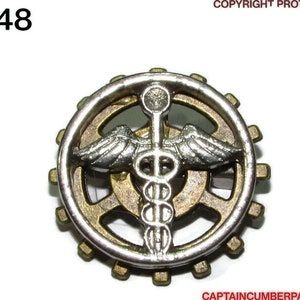 Steampunk pin badge brooch silver caduceus on bronze cog / gearwheel #JC48