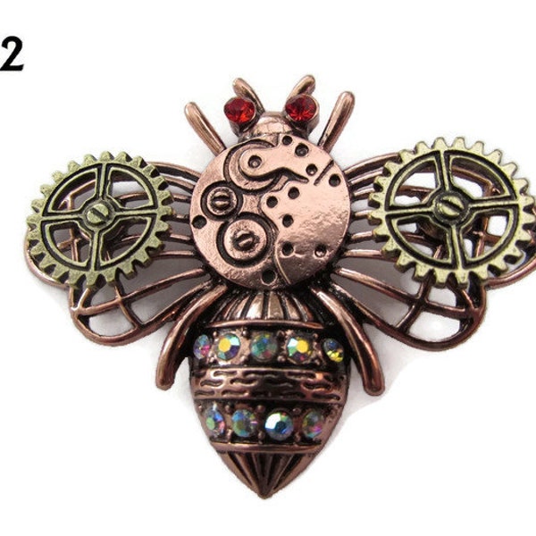 Steampunk pin badge brooch rosegold copper bee with brass cogs #PM02