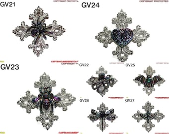 Steampunk pin badge brooch bright silver gothic cross with petrol coloured animals #GV21-27