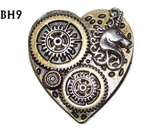 Steampunk Unicorn Brooch: Bronze Heart Pin Badge with Silver Cogs