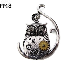 Broche con pin Steampunk, búho plateado, engranajes mecánicos, ruedas dentadas #PM08