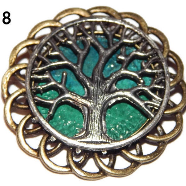Steampunk pin badge brooch silver tree of life on a bronze, blue and green backing #CG08