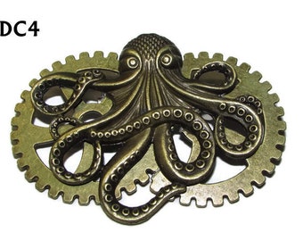 Steampunk pin badge brooch bronze octopus / kraken on two bronze cogs / gearwheels #DC4