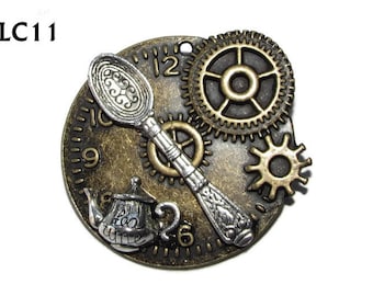 Steampunk pin badge brooch bronze clockface with silver teapot and spoon #LC11