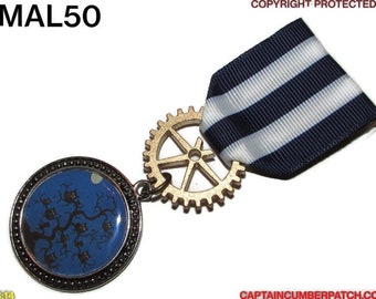 Steampunk pin drape medal badge brooch owls on a tree on blue striped ribbon MAL50