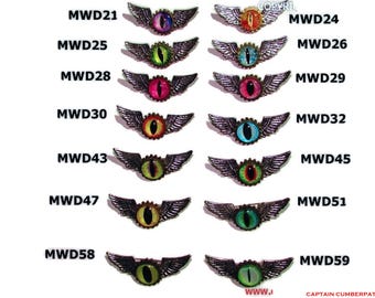 steampunk pin badge brooch, vibrant dragon / cat's eye cabochon on silver wings #MWD32-59 SET2
