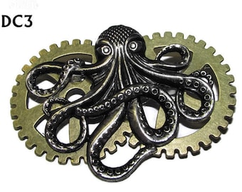 Broche con pin Steampunk de plata con forma de pulpo/kraken sobre dos ruedas dentadas de bronce #DC3