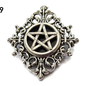 Steampunk pin badge brooch silver diamond shaped backing with a silver gothic pentagram #DB9