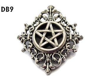 Steampunk pin badge brooch silver diamond shaped backing with a silver gothic pentagram #DB09