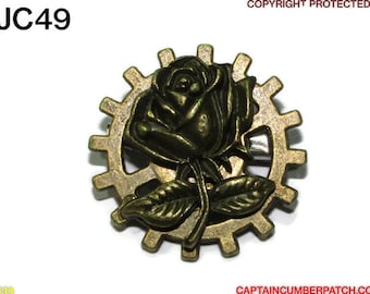 Steampunk pin badge broche bronzen roos op bronzen tandwiel / tandwiel #JC49