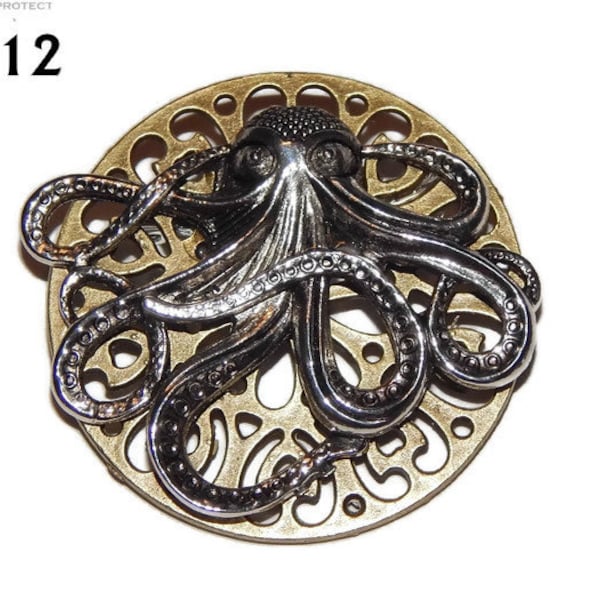 Steampunk pin badge broche bronze support avec poulpe argenté / kraken #RN12