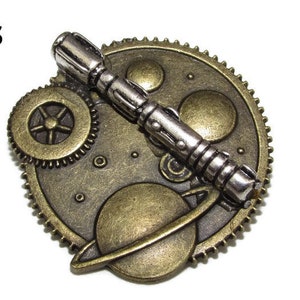Steampunk pin badge brooch bronze planets with silver sonic screwdriver #PL03