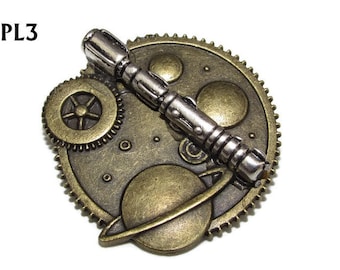 Steampunk pin badge broche bronzen planeten met zilveren sonische schroevendraaier #PL03