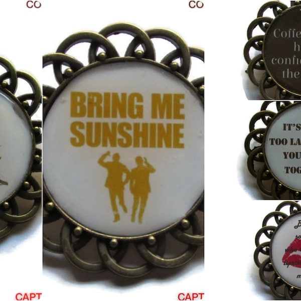 Steampunk pin badge brooch fun captions collection on a bronze backing #CS197-201