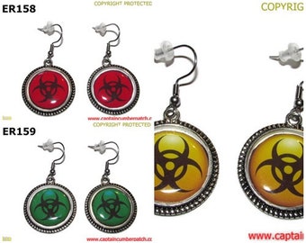 Steampunk earrings biohazard red, yellow and green