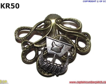 Steampunk pin badge brooch bronze octopus kraken with silver viking ship #KR50