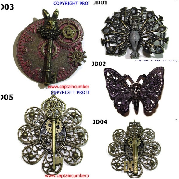 Steampunk & gothic pin badge brooch bronze 5 one off designs with clock, key, rabbit, peacock, butterfly, skull #JD01 - 05