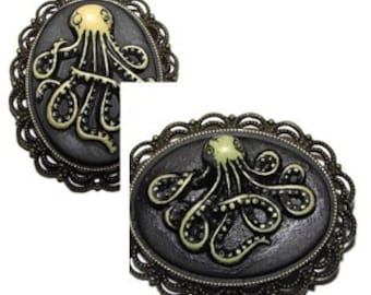 Broche con pin Steampunk, pulpo, kraken y camafeo sobre base de bronce #ZO19 #ZO20