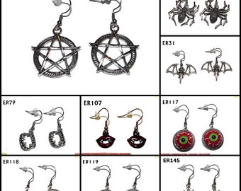 earrings hypoallergenic stainless steel pentagram, spider, bat, vampire, horror, bloodshot eyes, zombie