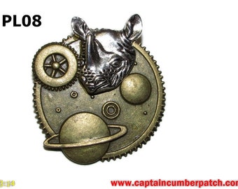 Steampunk pin badge brooch bronze planets with silver rhino #PL08