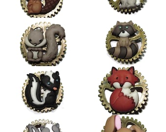 Steampunk pin badge brooch woodland animals on medium bronze cog / gearwheel #MC51-58