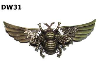 Steampunk pin badge brooch bronze bee on silver cog & bronze wings #DW31