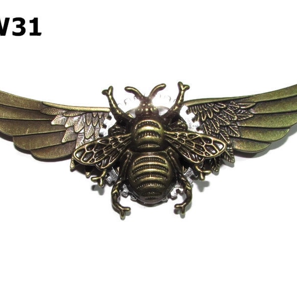 Steampunk pin badge brooch bronze bee on silver cog & bronze wings #DW31