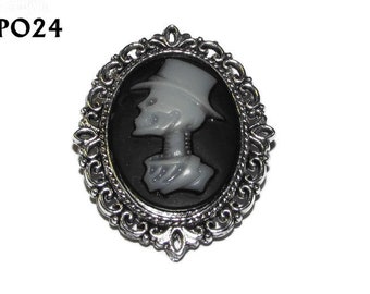 Steampunk nålmärke brosch svart & vit manlig cameo på silverbaksida #PO24