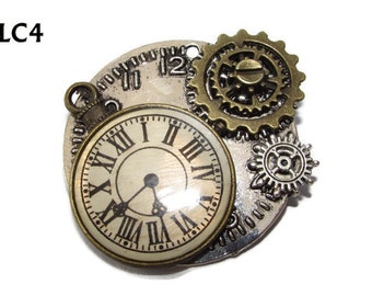 Steampunk pin badge brooch silver clockface with watch cabochon and cogs #LC4