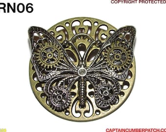 Steampunk pin badge brooch bronze backing with silver butterfly with cogs #RN06