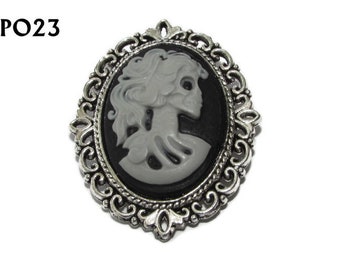 Steampunk nålmärke brosch svart & vit kvinnlig cameo på silverbaksida #PO23