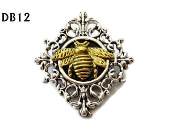 Steampunk pin badge brooch silver diamond shaped backing with a gold bee #DB12