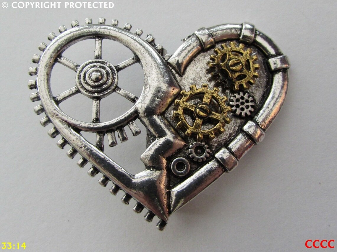 Steampunk Pin Badge Brooch Silver Heart Bronze Cog Mechanical Etsy