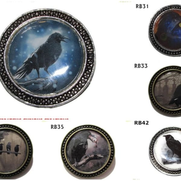 Steampunk pin badge brooch ravens on circular bronze and silver backings #RB31-35, 42