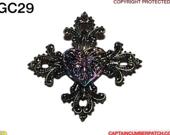 Steampunk pin badge brooch black gothic cross with a silver pentagram pentacle #GC29