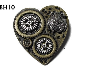 Steampunk pin badge broche brons hart zilver hamster cavia tandwielen tandwielen #BH10