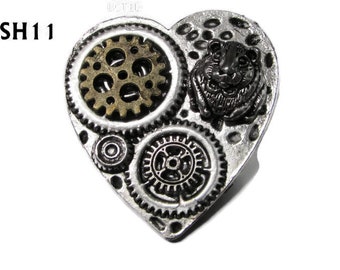 スチームパンク ピンバッジ ブローチ シルバー ハート シルバー ハムスター モルモット 歯車 ギアホイール #SH11