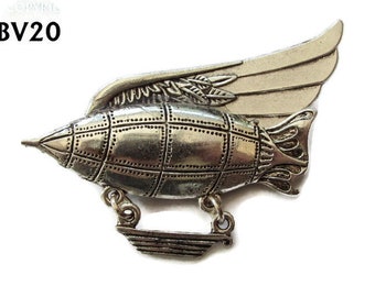 Steampunk pin badge broche zilveren zeppelin luchtschip met grote vleugel #BV20
