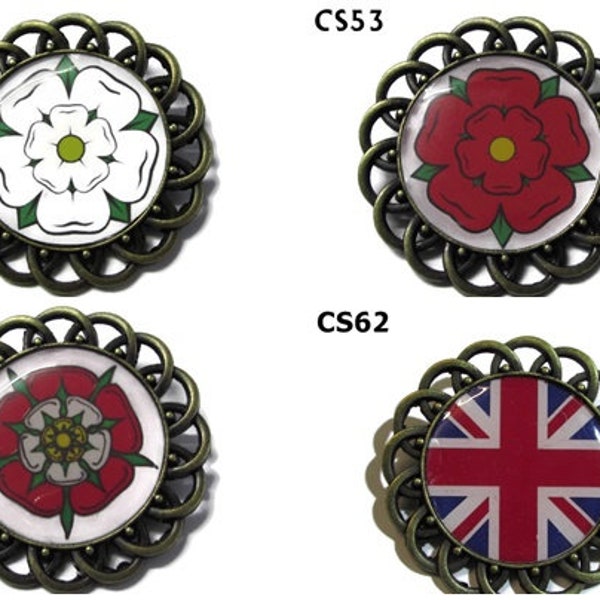 Steampunk pin badge brooch patriotic white, red or tudor rose on a bronze backing #CS52-54