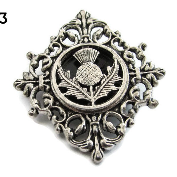 Steampunk pin badge brooch silver diamond shaped backing with a silver Scottish thistle #DB03