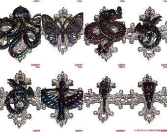Steampunk pin badge brooch bright silver gothic cross with petrol coloured animals #GV13-20