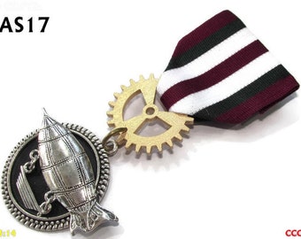 Steampunk pin badge broche medaille zilveren zeppelin wit groen bordeaux luchtschip #MAS17