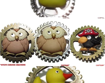 Steampunk pin badge brooch woodland animals on medium bronze cog / gearwheel #MC51-58