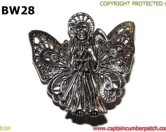 Steampunk pin badge broche zilveren Magere Hein met zilveren vlindervleugels #BW28