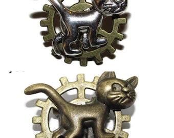 Steampunk pin badge brooch silver or bronze cat on bronze cog / gearwheel #JC03/29
