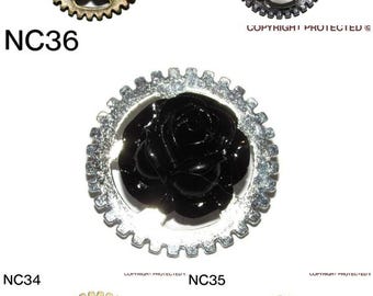 Steampunk pin badge brooch ivory/white/pink/black rose on cogs / gearwheels #NC34-6, MC59-60